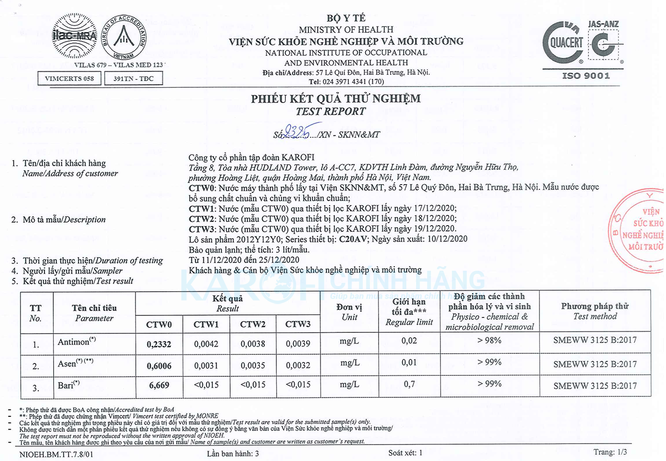 Phiếu kiểm định chất lượng máy lọc nước karofi